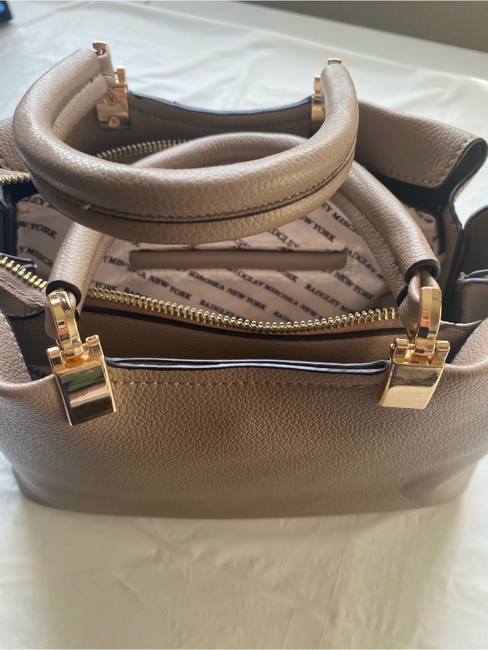 Badgley Mischka Taupe Pebbled Faux Leather Structured Satchel Handbag - Picture 10 of 12